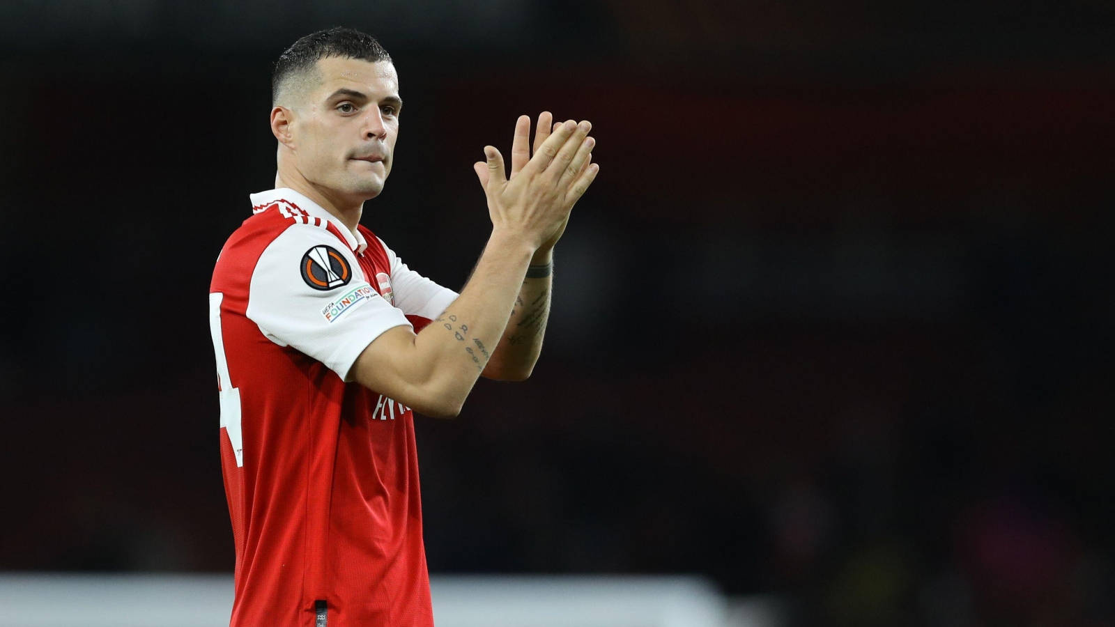 Granit Xhaka, red and white jersey, stadium background, HD Desktop Wallpaper
