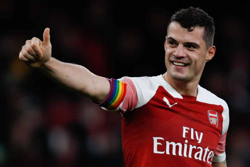 Granit Xhaka, red Arsenal jersey, rainbow armband, SD Desktop Wallpaper