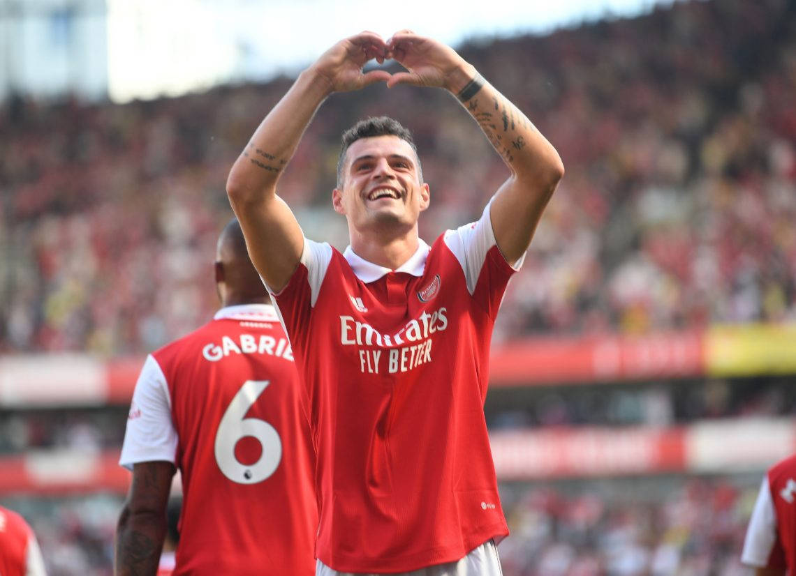 Granit Xhaka, red Arsenal jersey, heart with his hands, SD Desktop Wallpaper