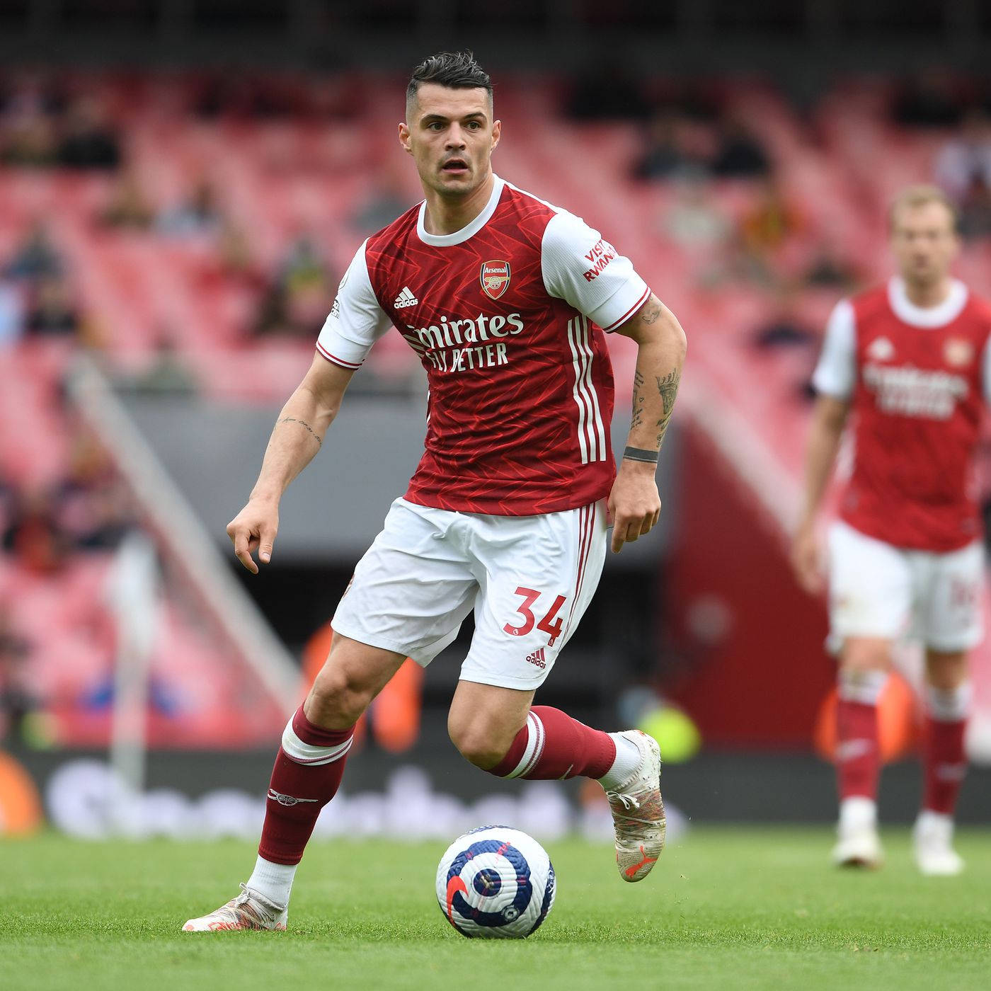 Granit Xhaka, red and white kit, soccer player, HD Desktop Wallpaper