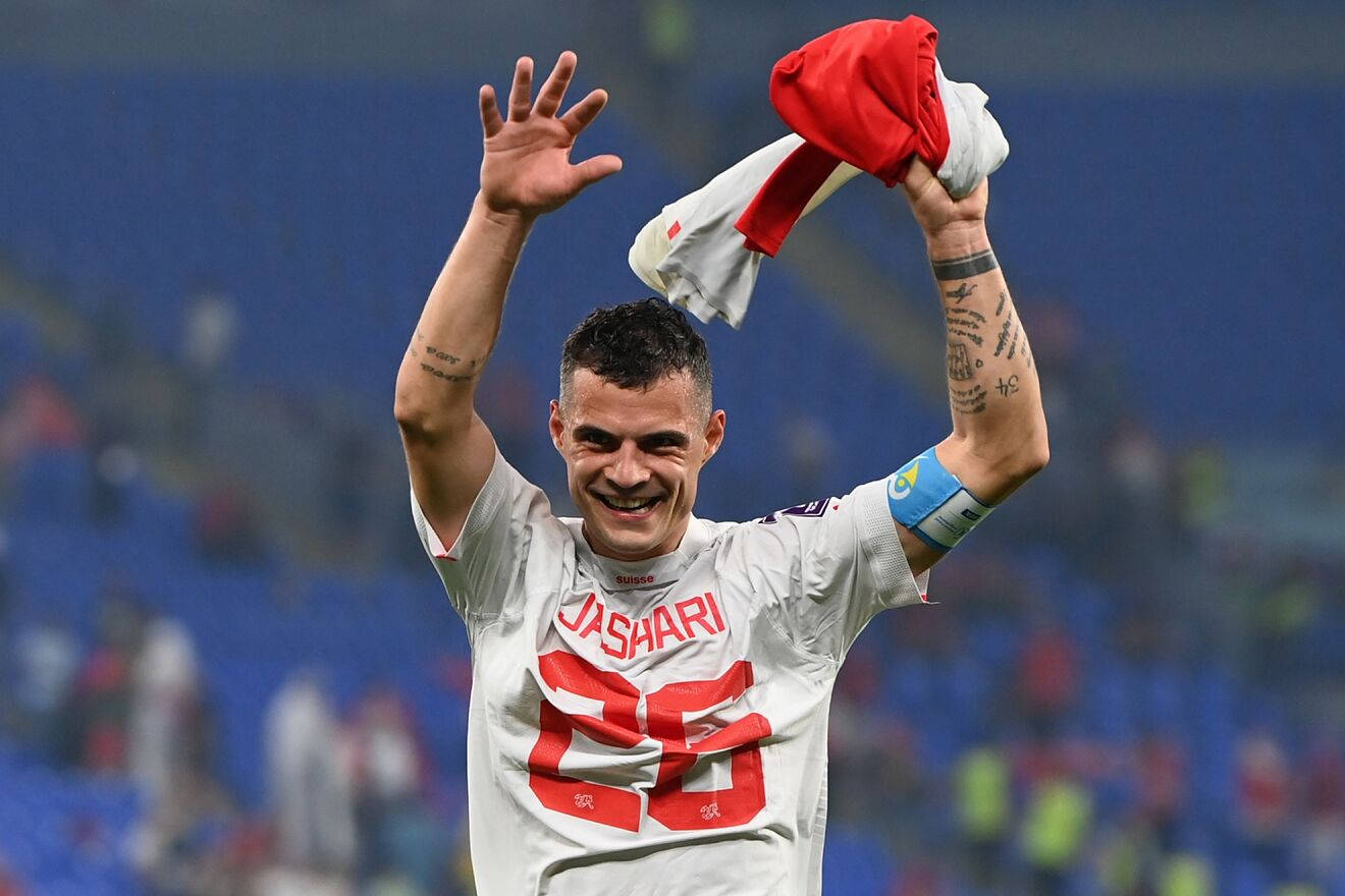 Granit Xhaka, white jersey, red number 26, HD Desktop Wallpaper
