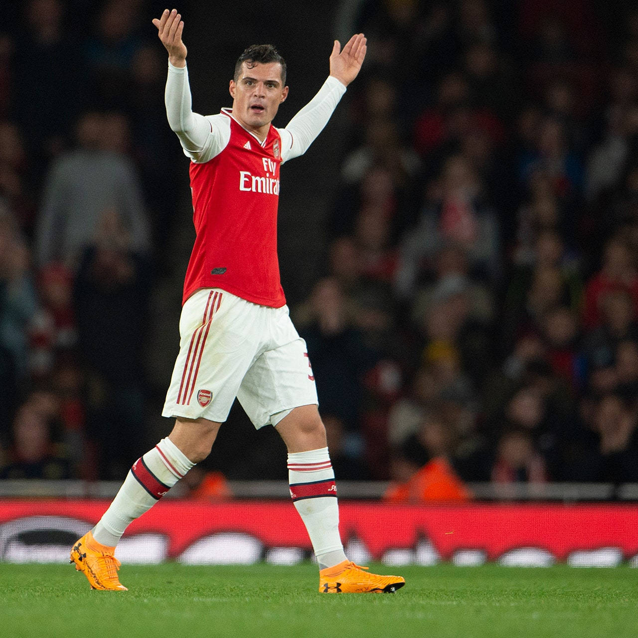 Granit Xhaka, red and white kit, green pitch, HD Desktop Wallpaper