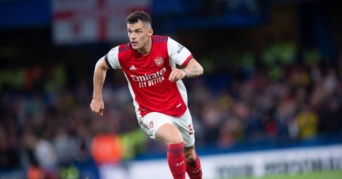 Granit Xhaka, red and white kit, stadium pitch, SD Desktop Wallpaper