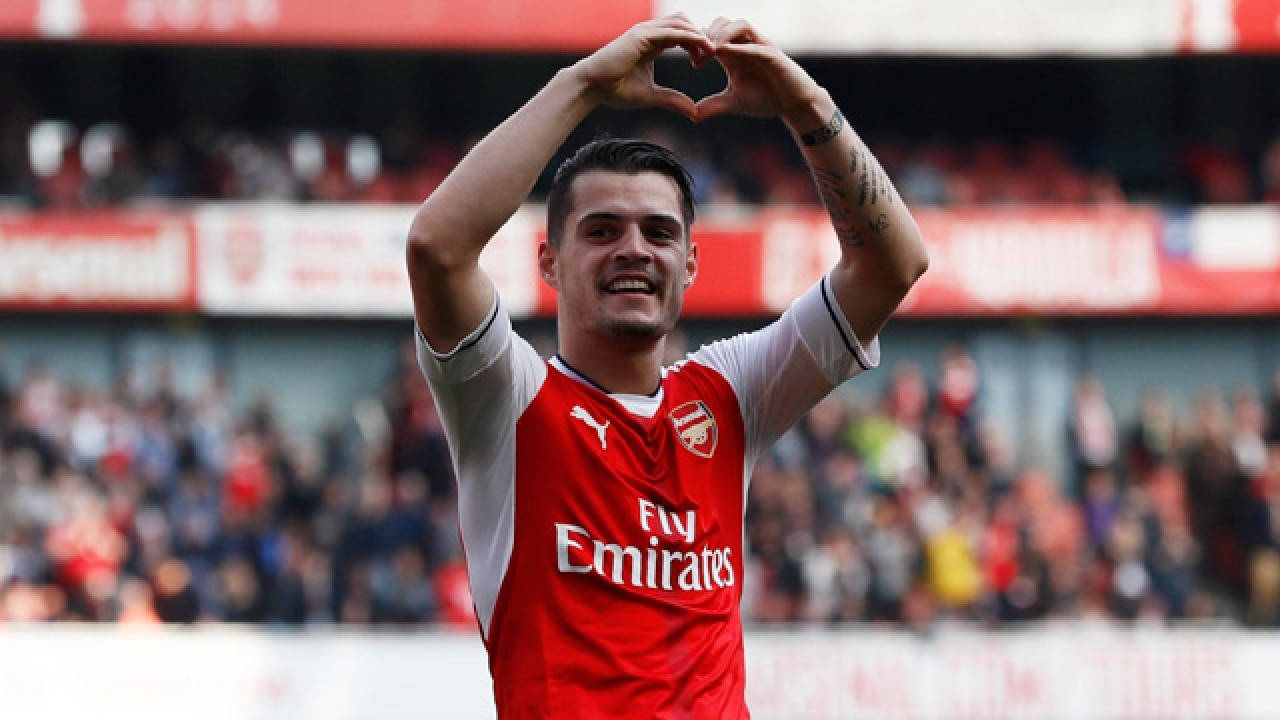 Granit Xhaka, red Arsenal jersey, heart shape, HD Desktop Wallpaper