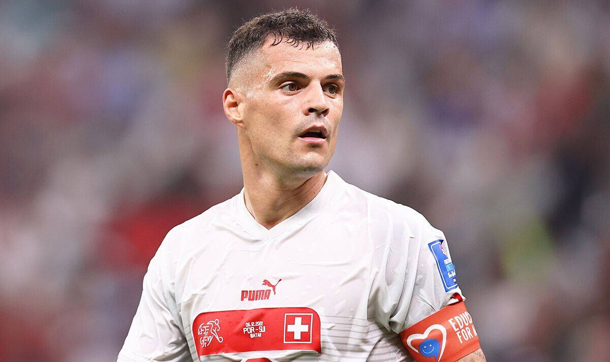 Granit Xhaka, white jersey, red armbands, SD Desktop Wallpaper