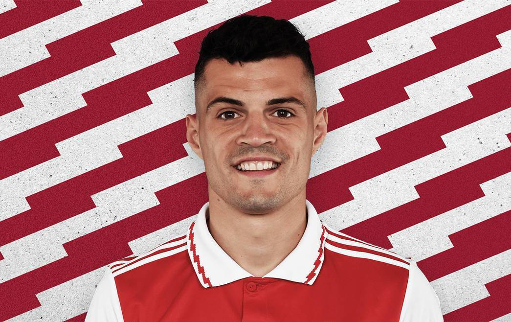 Granit Xhaka, red and white striped jersey, red and white geometric patterned background, SD Desktop Wallpaper
