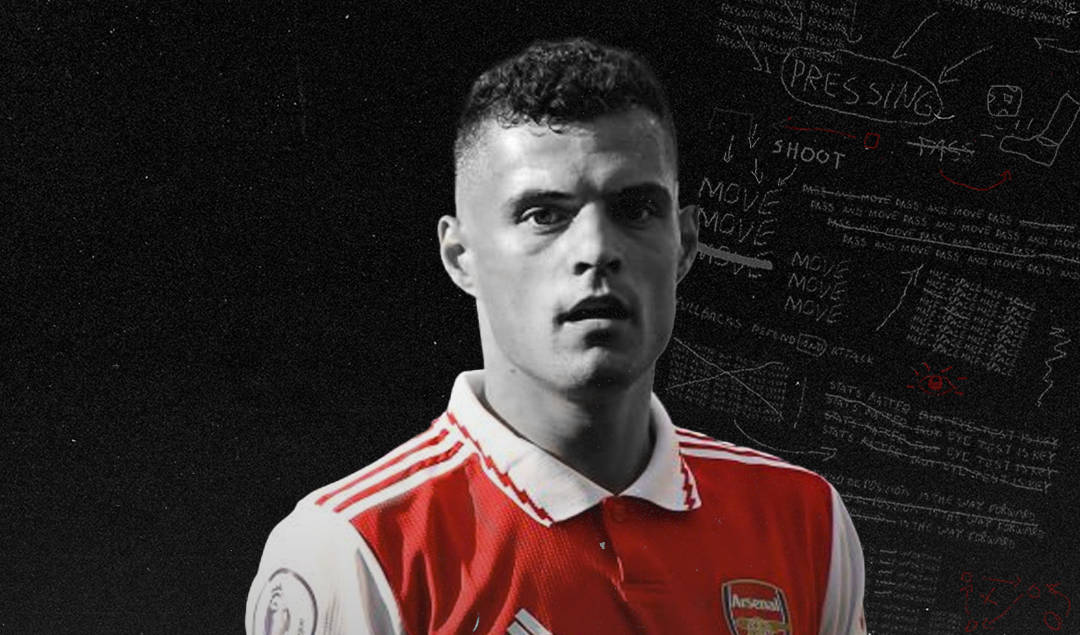 Granit Xhaka, red Arsenal jersey, chalkboard, SD Desktop Wallpaper
