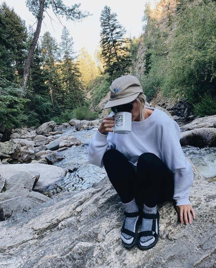 Granola Aesthetic, riverbank, pine trees, SD Phone Wallpaper
