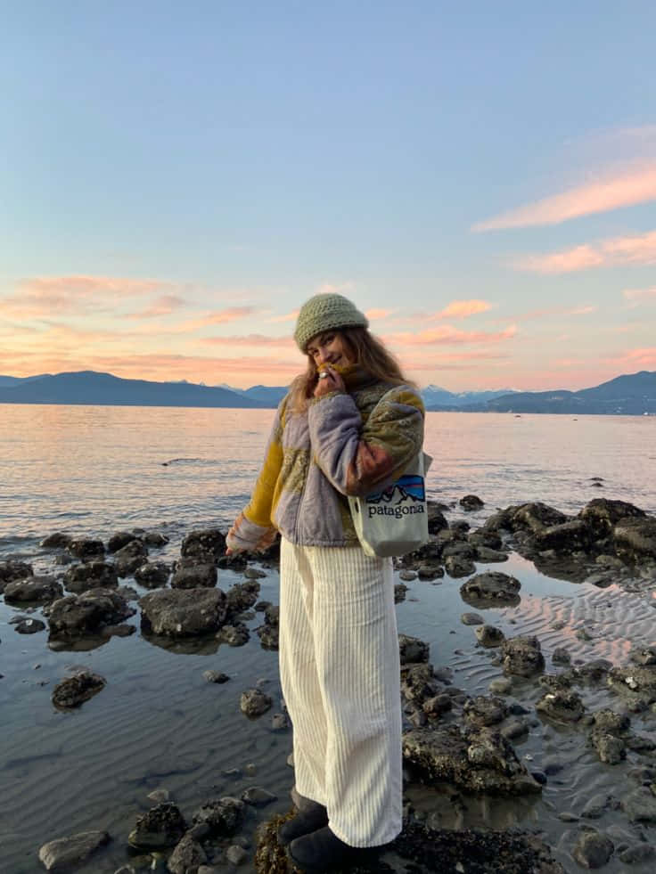 Sunset Beach, granola aesthetic, knit hat, SD Phone Wallpaper