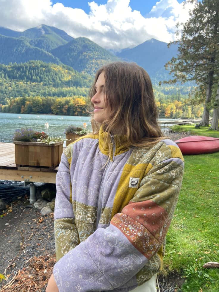 Mountain Lake Granola Aesthetic, patchwork jacket, lakeside dock, SD Phone Wallpaper
