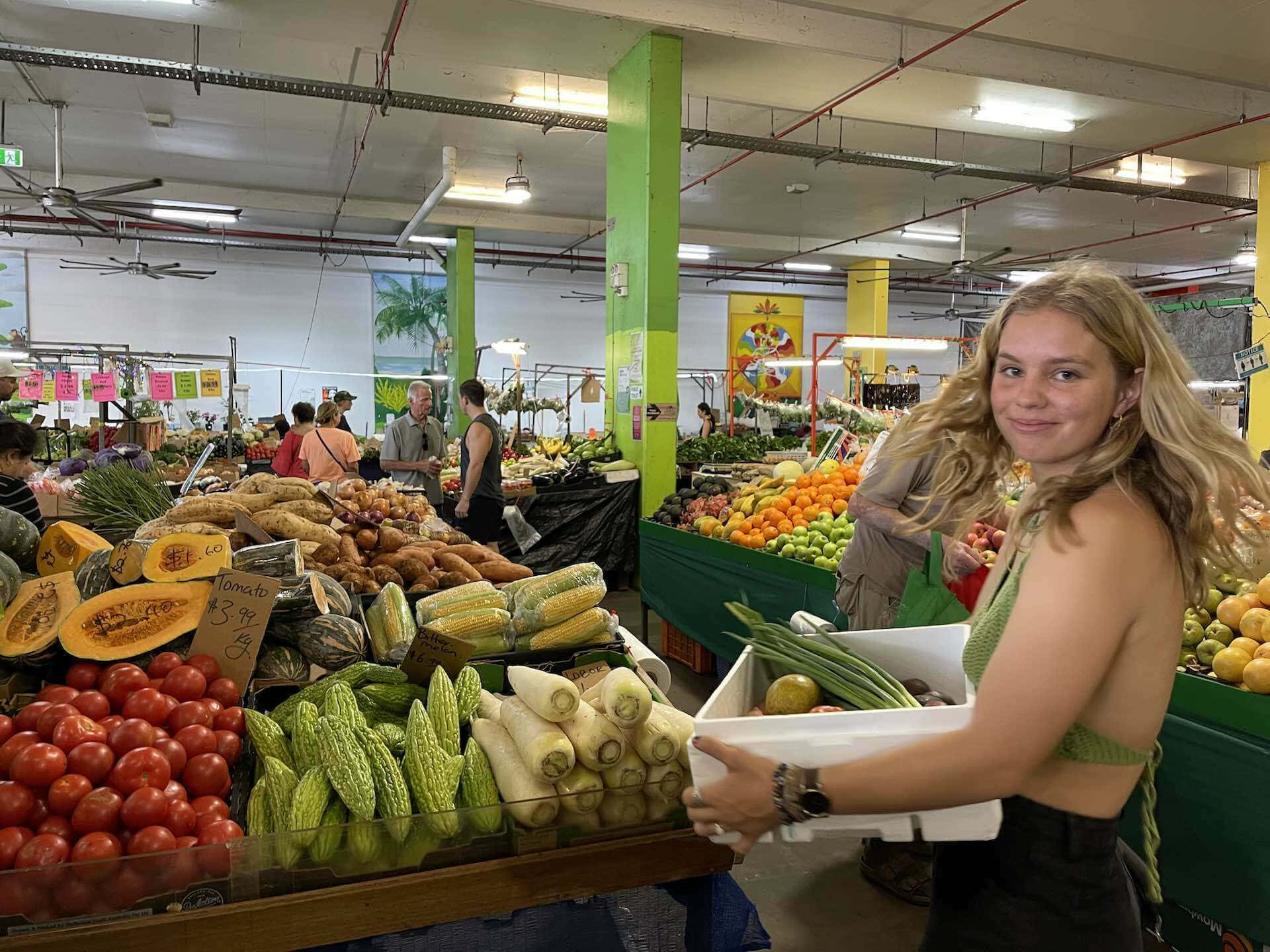 Granola Girl, farmers market, crate of fresh produce, Full HD Desktop Wallpaper