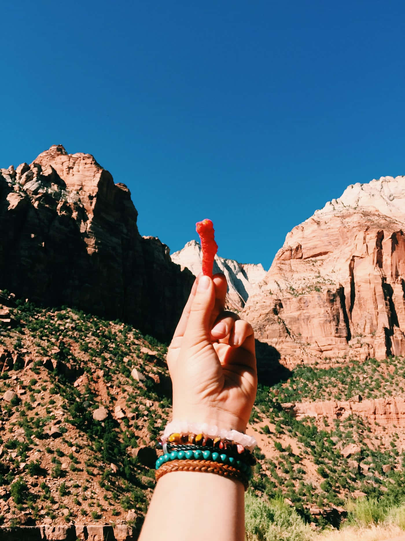 Granola Girl, red gummy worm, towering red rock canyon, HD Phone Wallpaper