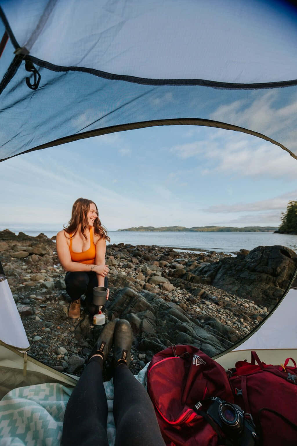 Granola Girl, tent, rocky shoreline, HD Phone Wallpaper