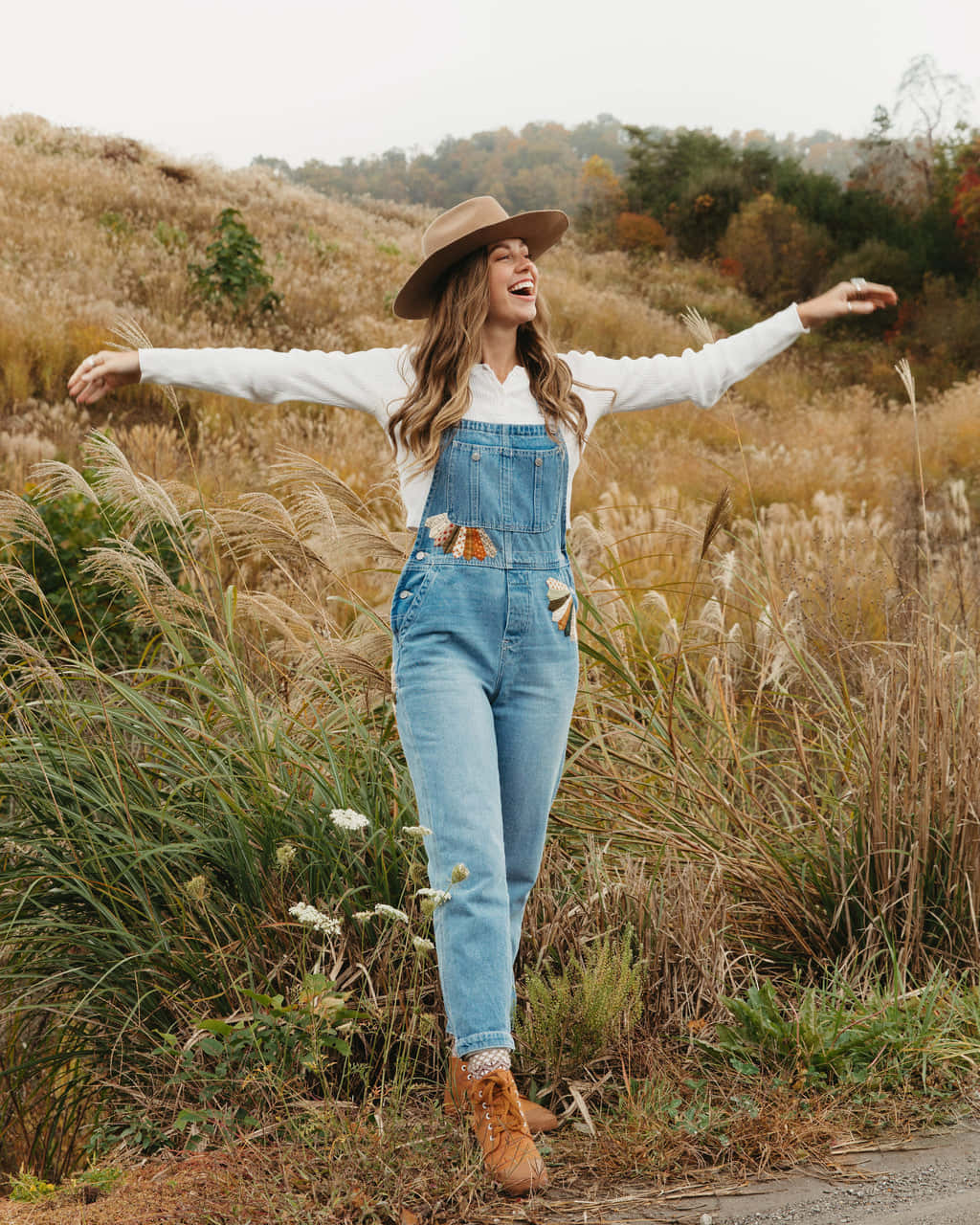 Granola Girl, autumn field, denim overalls, HD Phone Wallpaper