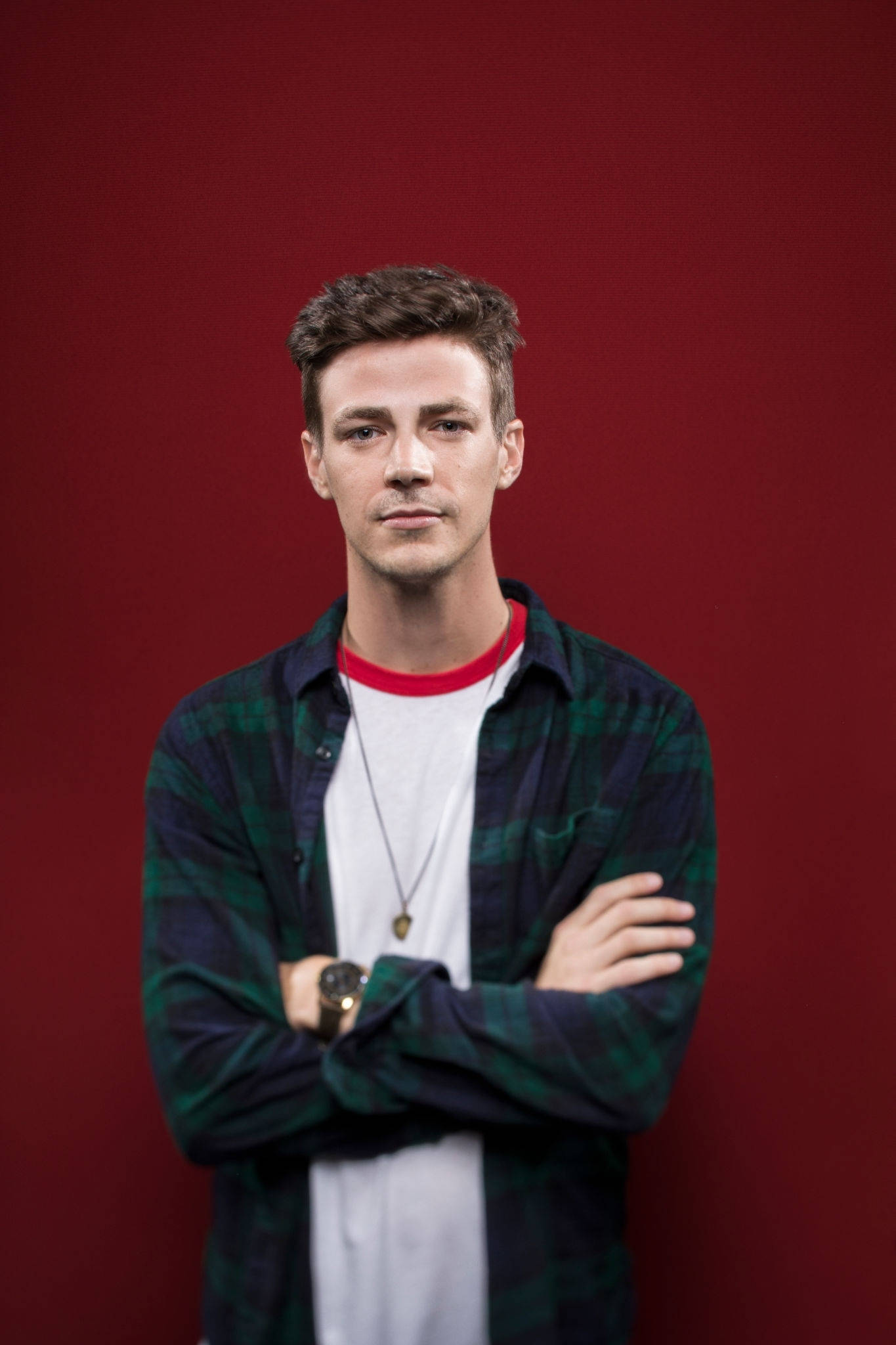 Grant Gustin, plaid shirt, white tee, Full HD Phone Wallpaper