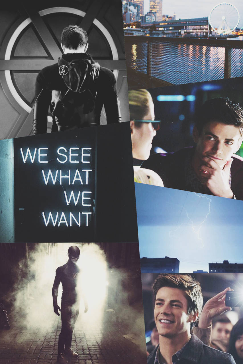 Grant Gustin, neon text, cityscape backgrounds, HD Phone Wallpaper