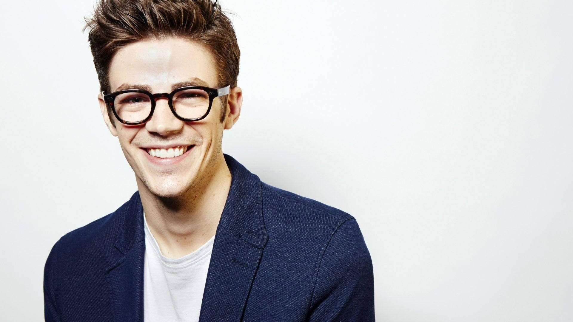 Grant Gustin, glasses, navy blazer, Full HD Desktop Wallpaper