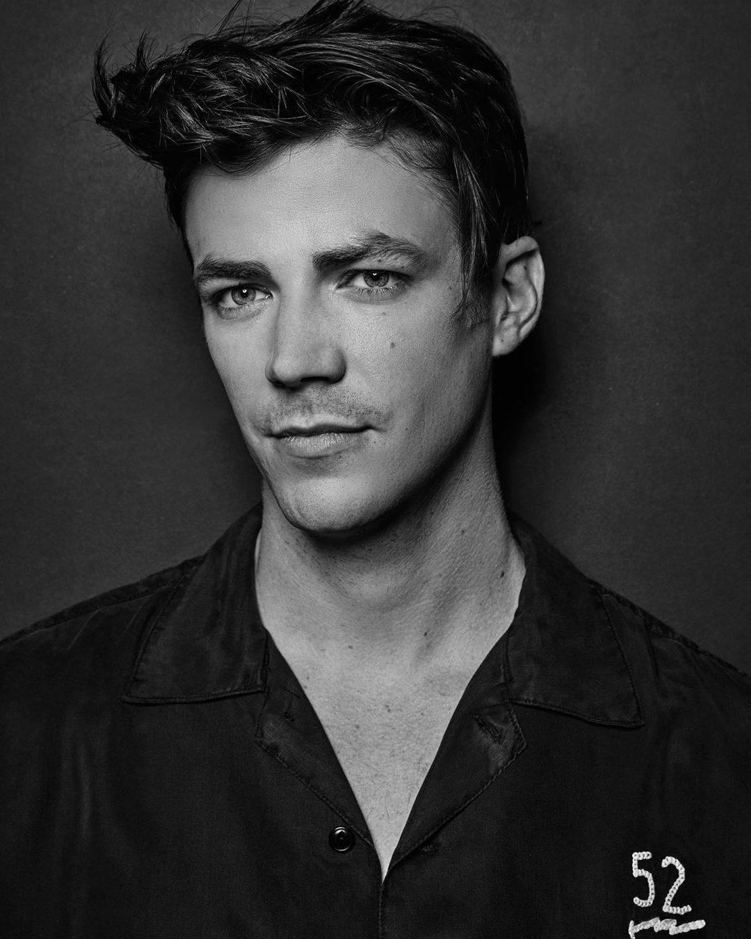 Grant Gustin, black and white portrait, tousled hair, HD Phone Wallpaper
