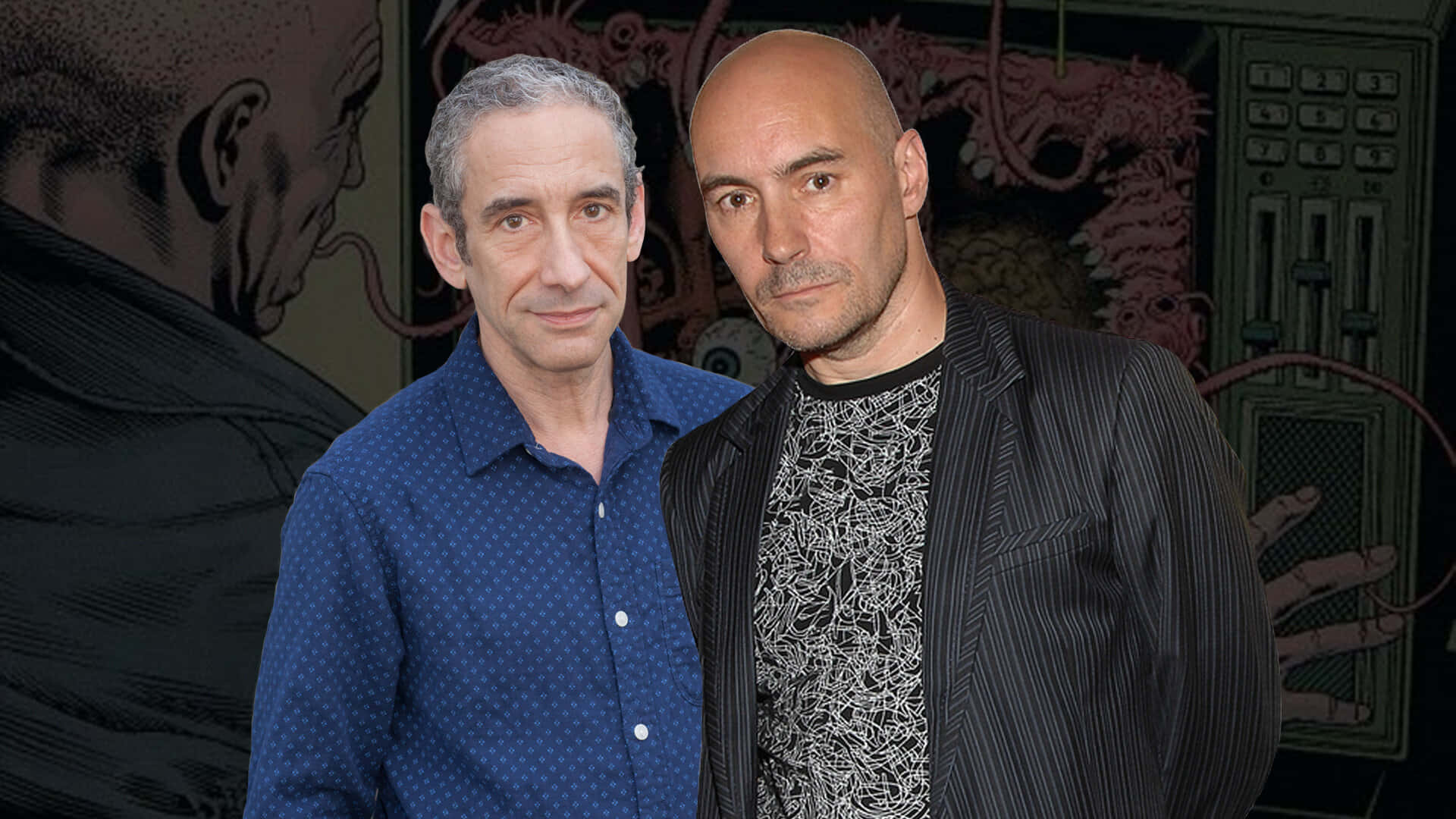 Grant Morrison, dark comic book style backdrop, menacing face, Full HD Desktop Wallpaper