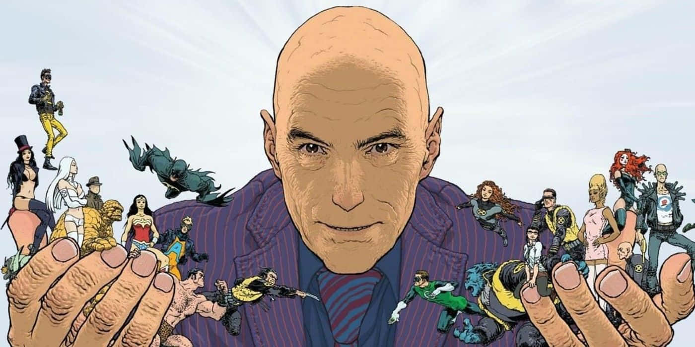 Grant Morrison, purple suit, miniature comic book heroes and villains, HD Desktop Wallpaper