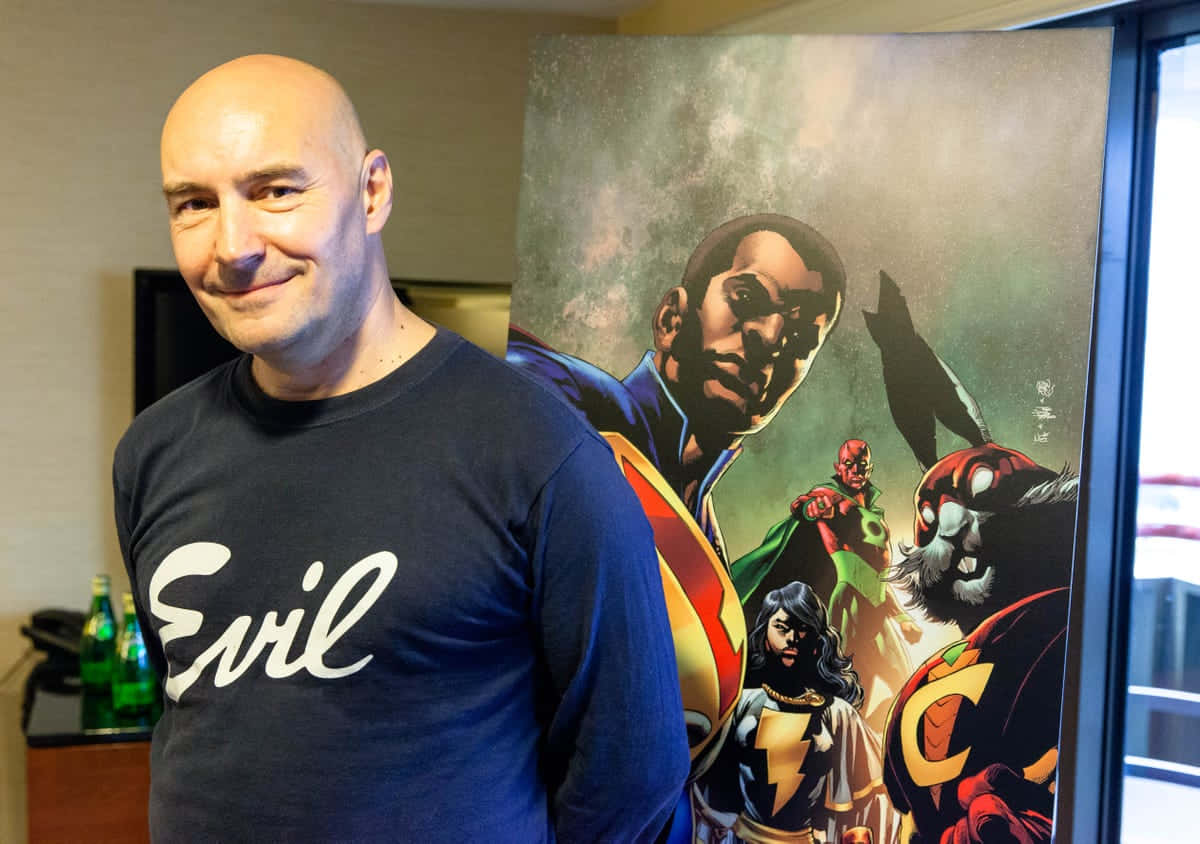 Grant Morrison, blue 'Evil' t-shirt, comic book style superhero poster, SD Desktop Wallpaper