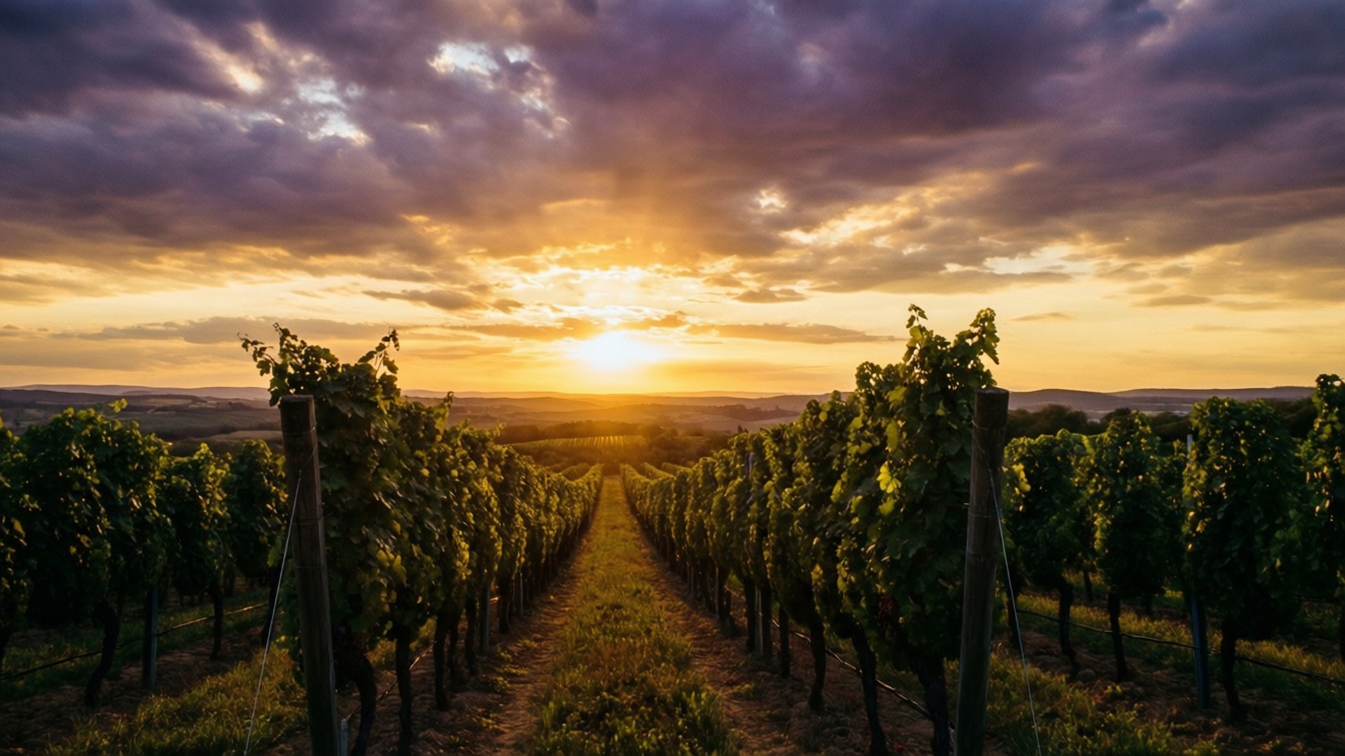 Vineyard, Sunset, Golden sunset, Full HD Desktop Wallpaper