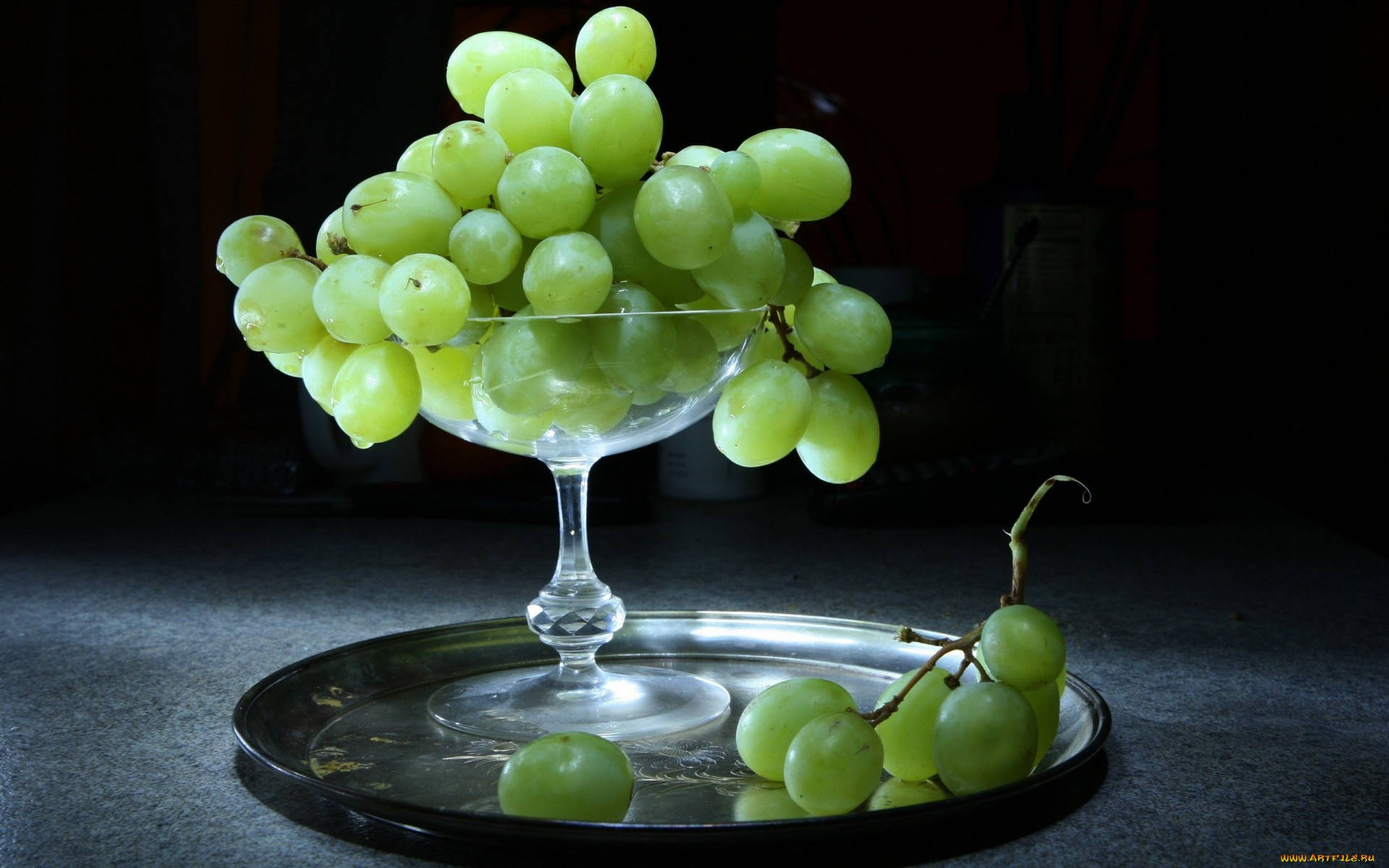 glass coupe, green grapes, silver tray, Full HD Desktop Wallpaper
