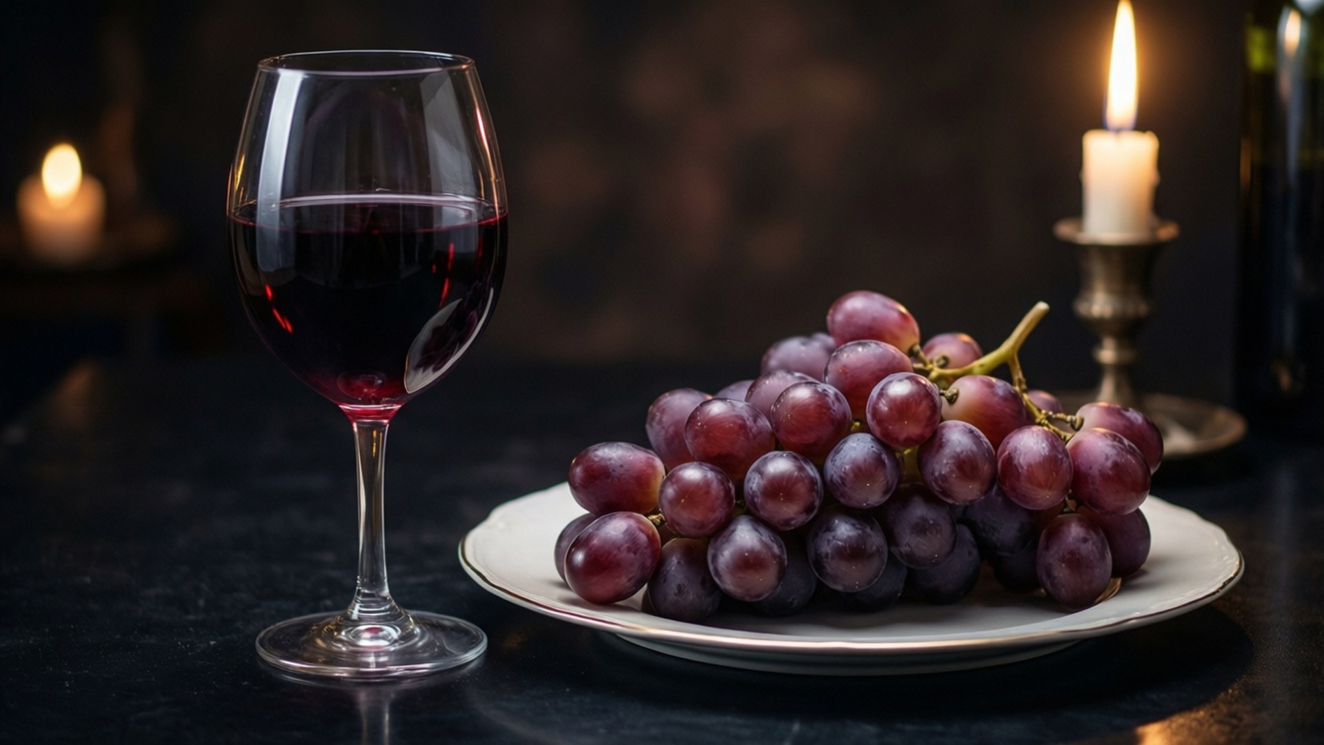 red wine, purple grapes, dark table, Full HD Desktop Wallpaper