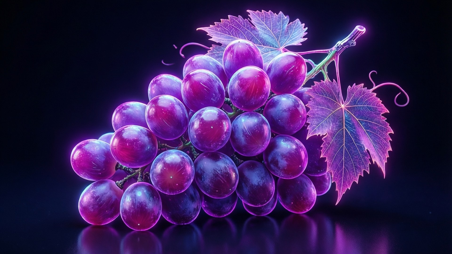neon grape glow, purple grapes, glowing leaves, Full HD Desktop Wallpaper