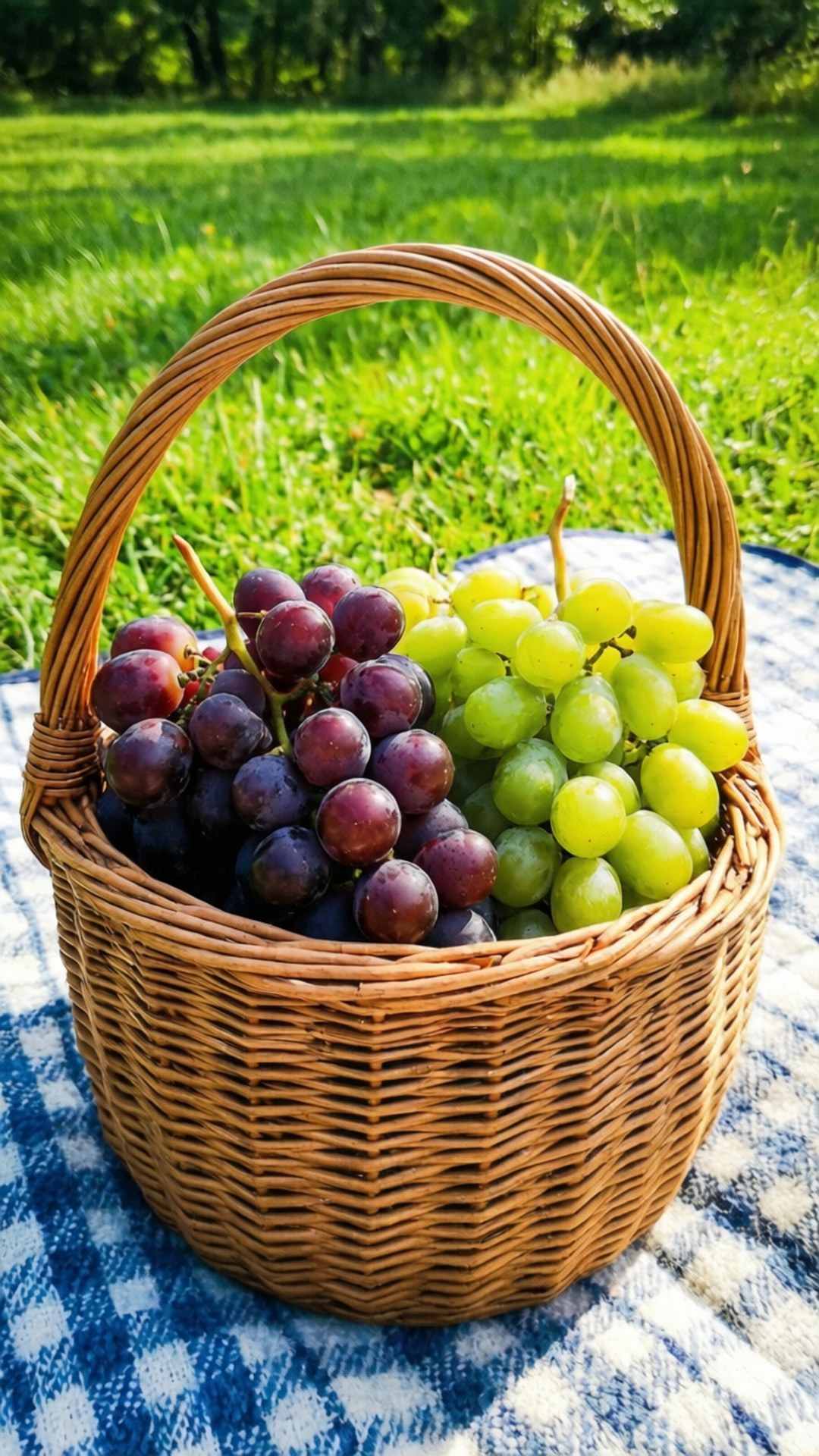 picnic basket, ripe purple and green grapes, blue and white checkered blanket, Full HD Phone Wallpaper