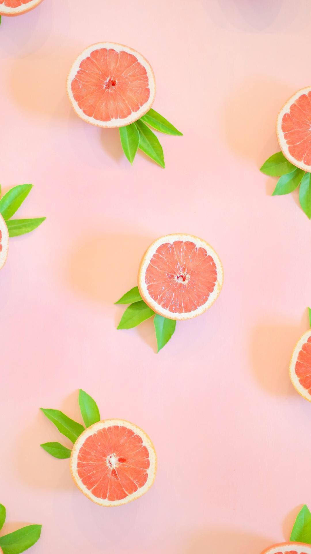 pink grapefruit, green leaves, soft pink background, Full HD Phone Wallpaper
