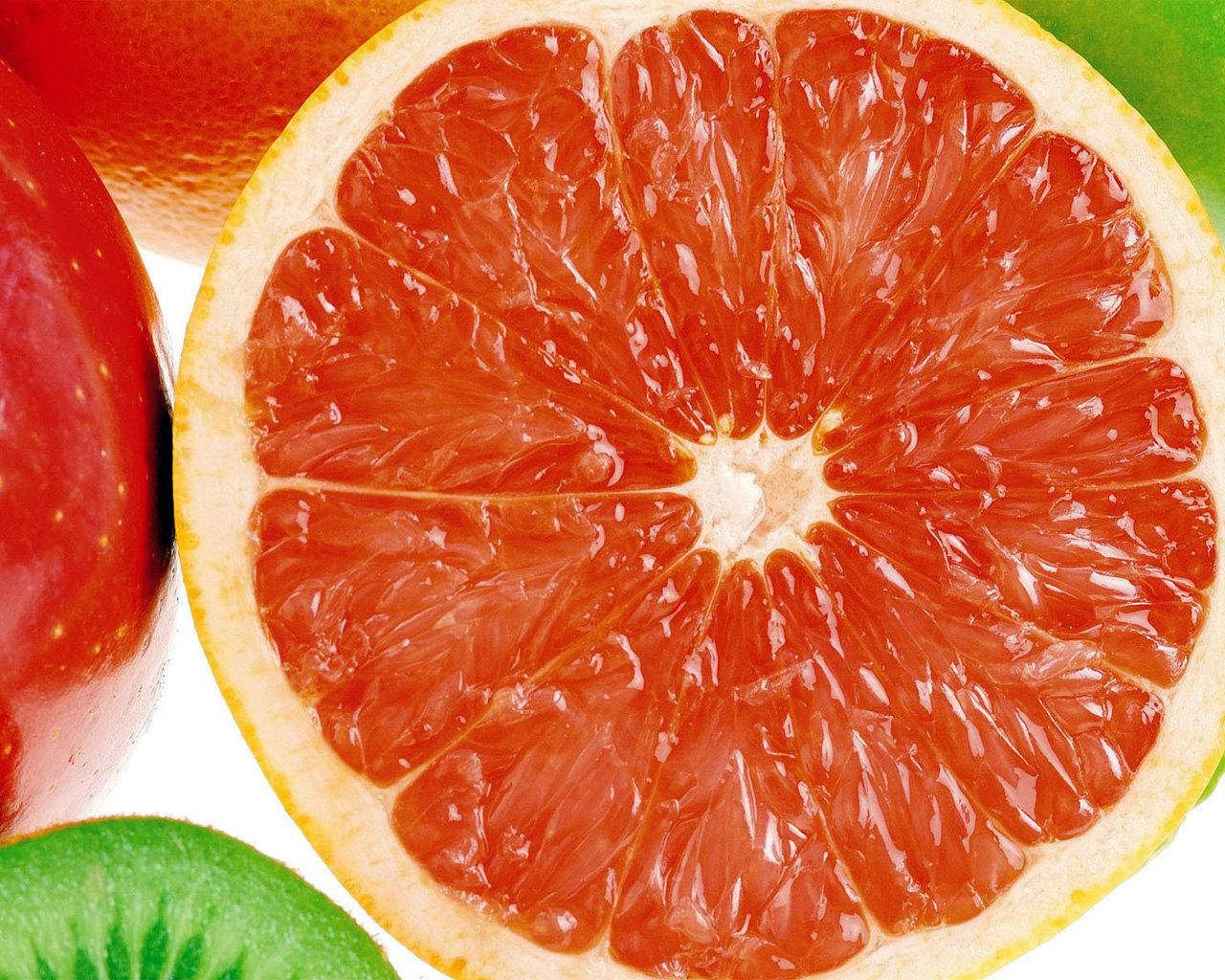 grapefruit, red segments, red apple, HD Desktop Wallpaper