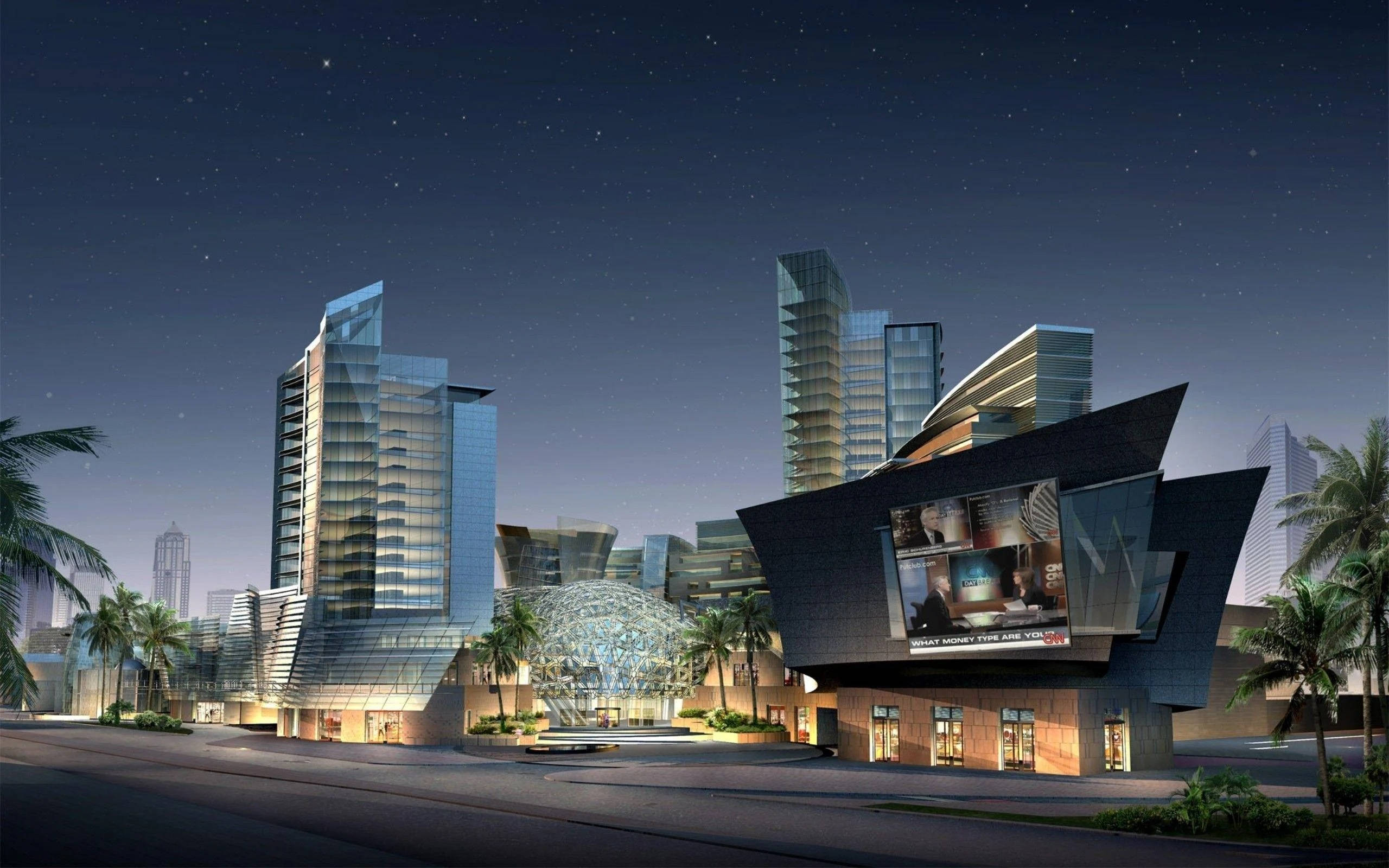 3D Rendering, Modern Mall, Starry Night Sky, 2K Desktop Wallpaper