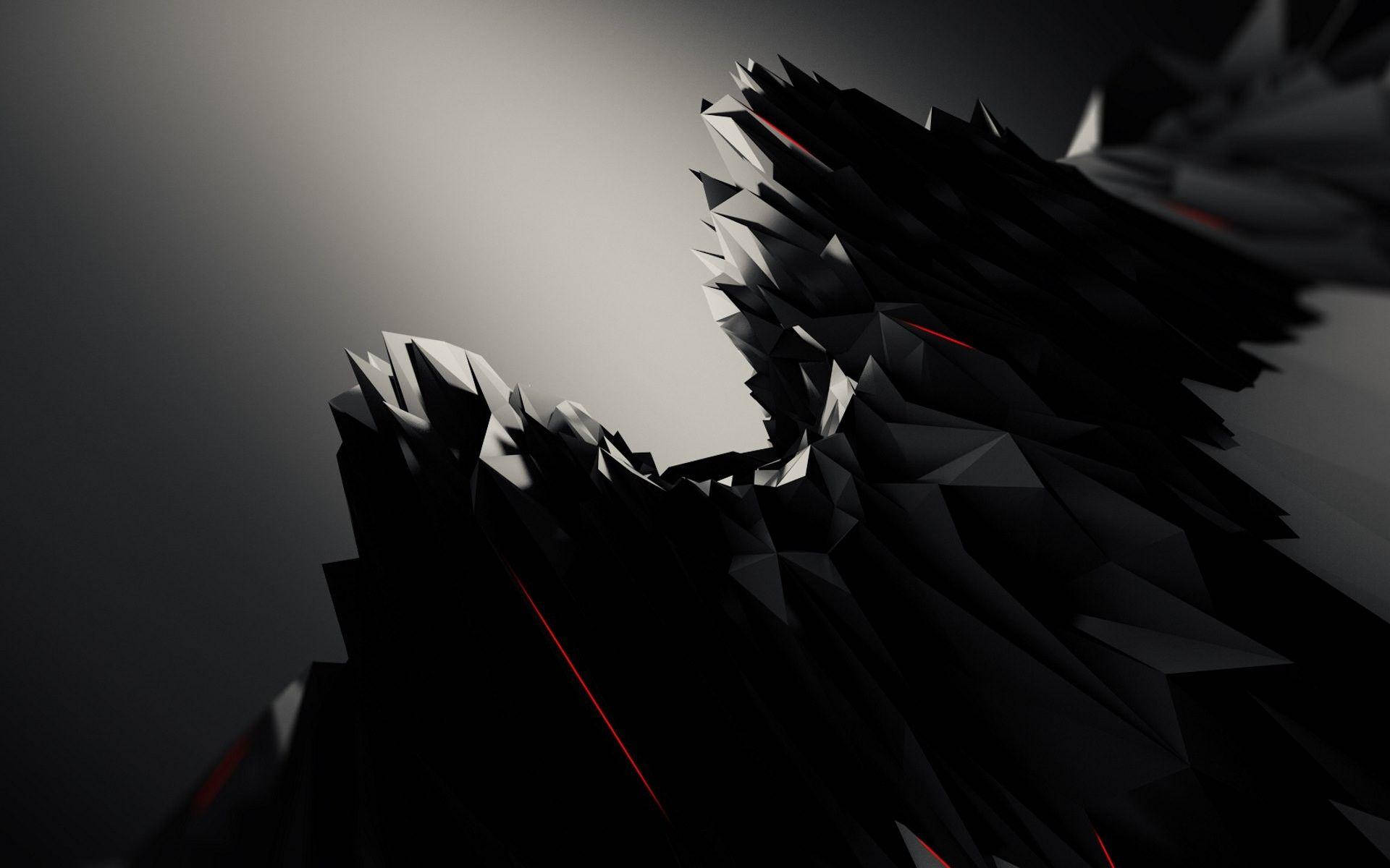 black polygonal pattern, sharp black facets, glowing red lines, Full HD Desktop Wallpaper