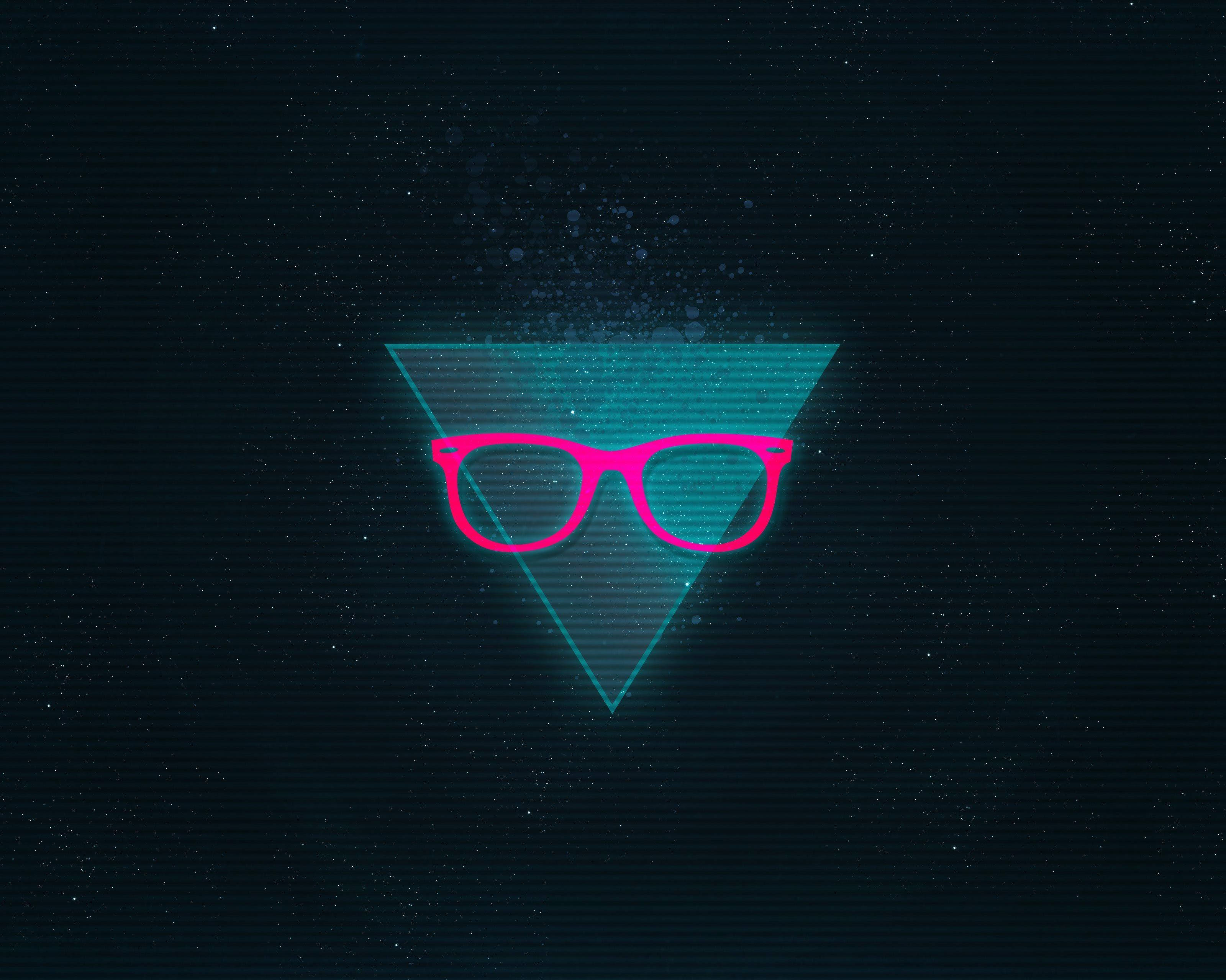 groovy pink eyeglasses, cyan triangle, dark starry digital backdrop, 2K Desktop Wallpaper
