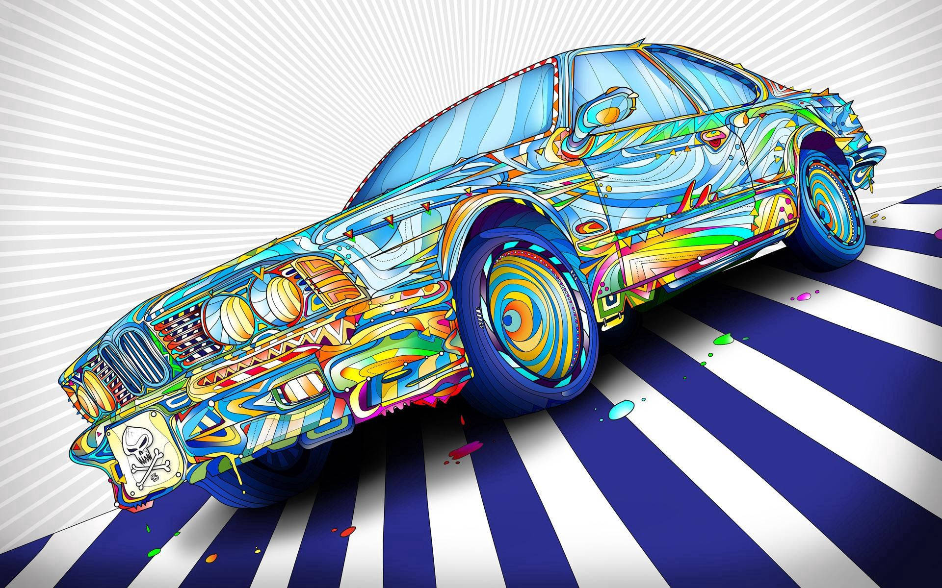 graffiti-style car, swirling rainbow patterns, bold blue and white striped road, Full HD Desktop Wallpaper