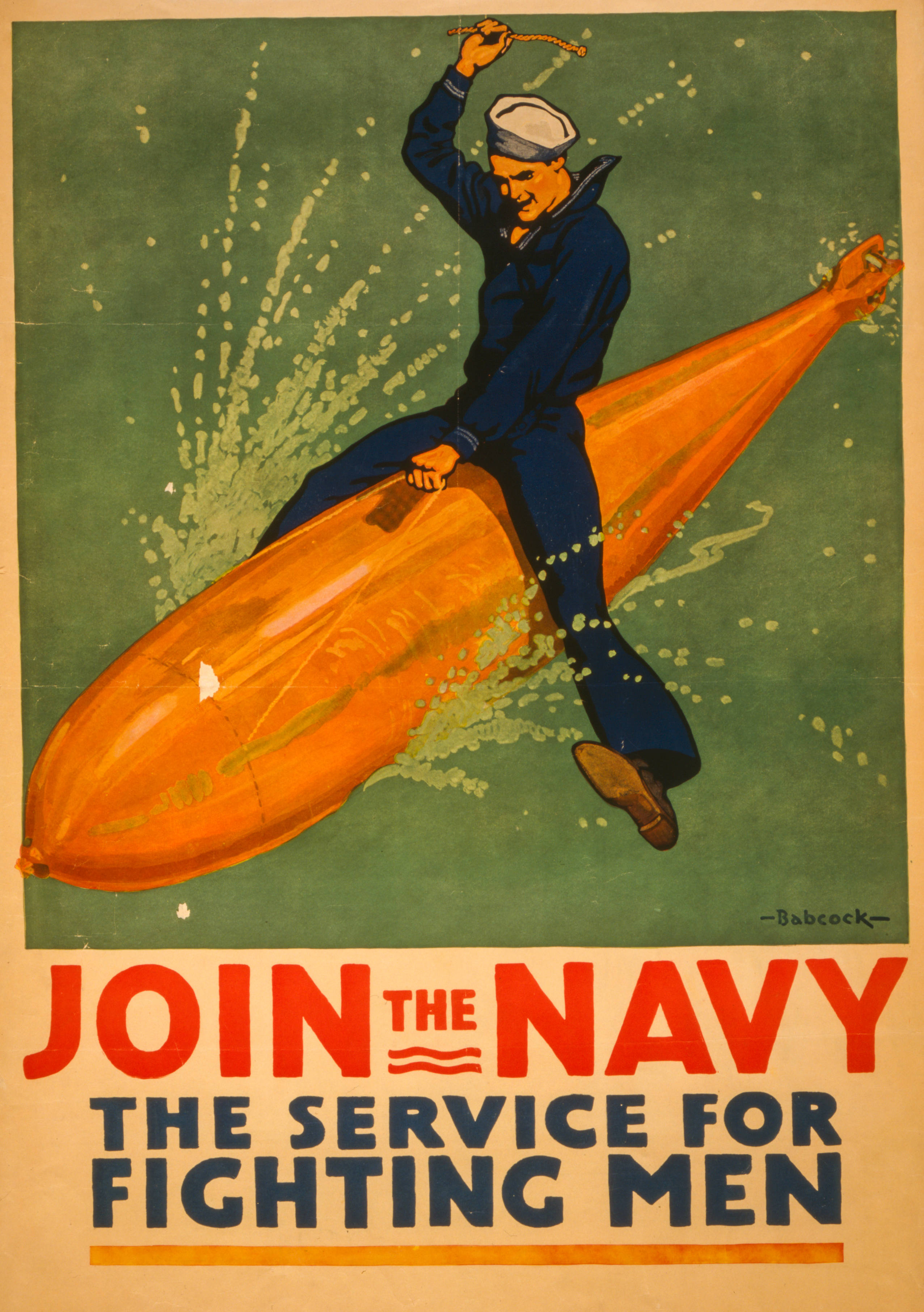 vintage poster, smiling sailor, giant orange torpedo, 2K Phone Wallpaper