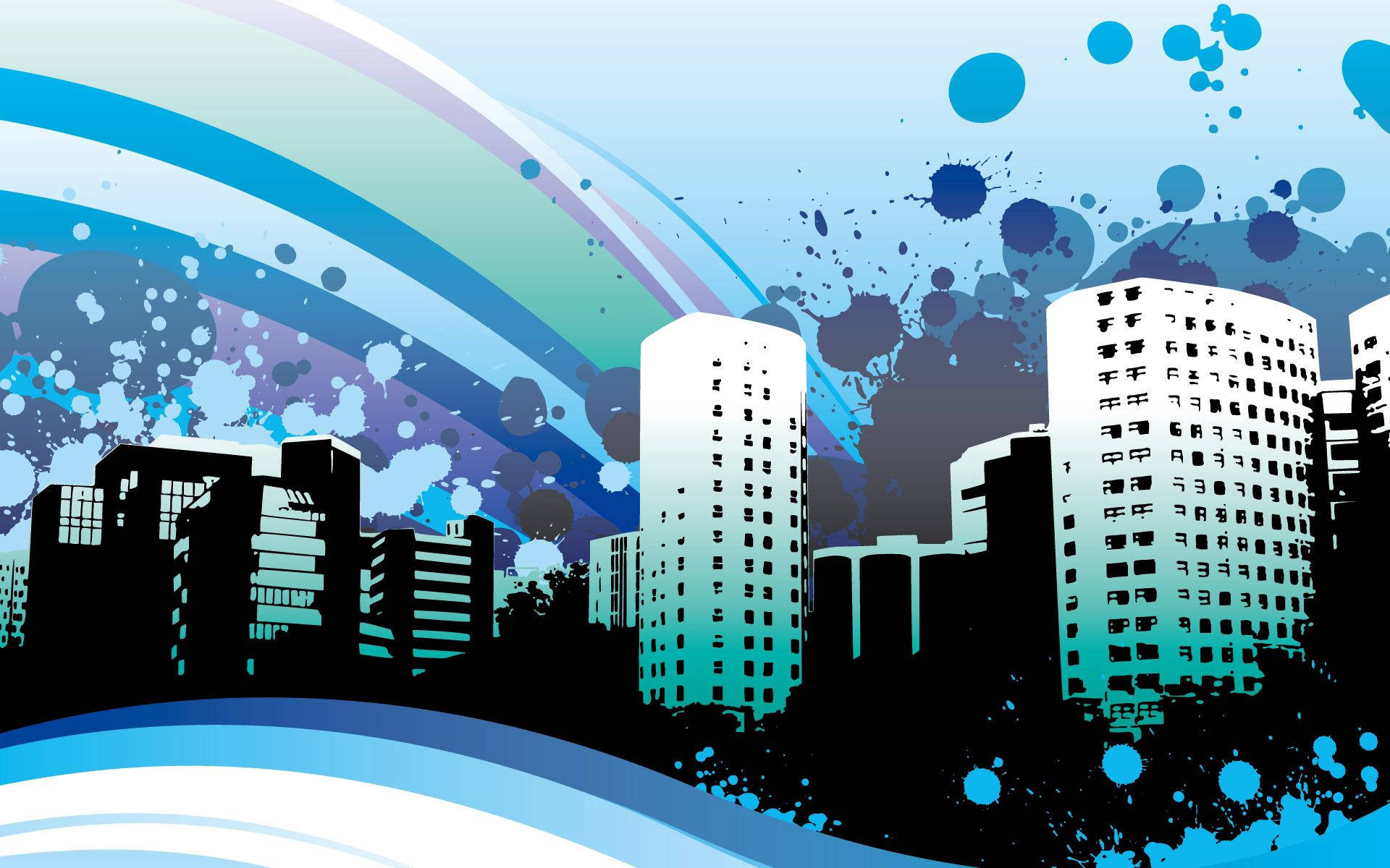 rainbow-painted building, city skyline silhouette, bold blue, Full HD Desktop Wallpaper