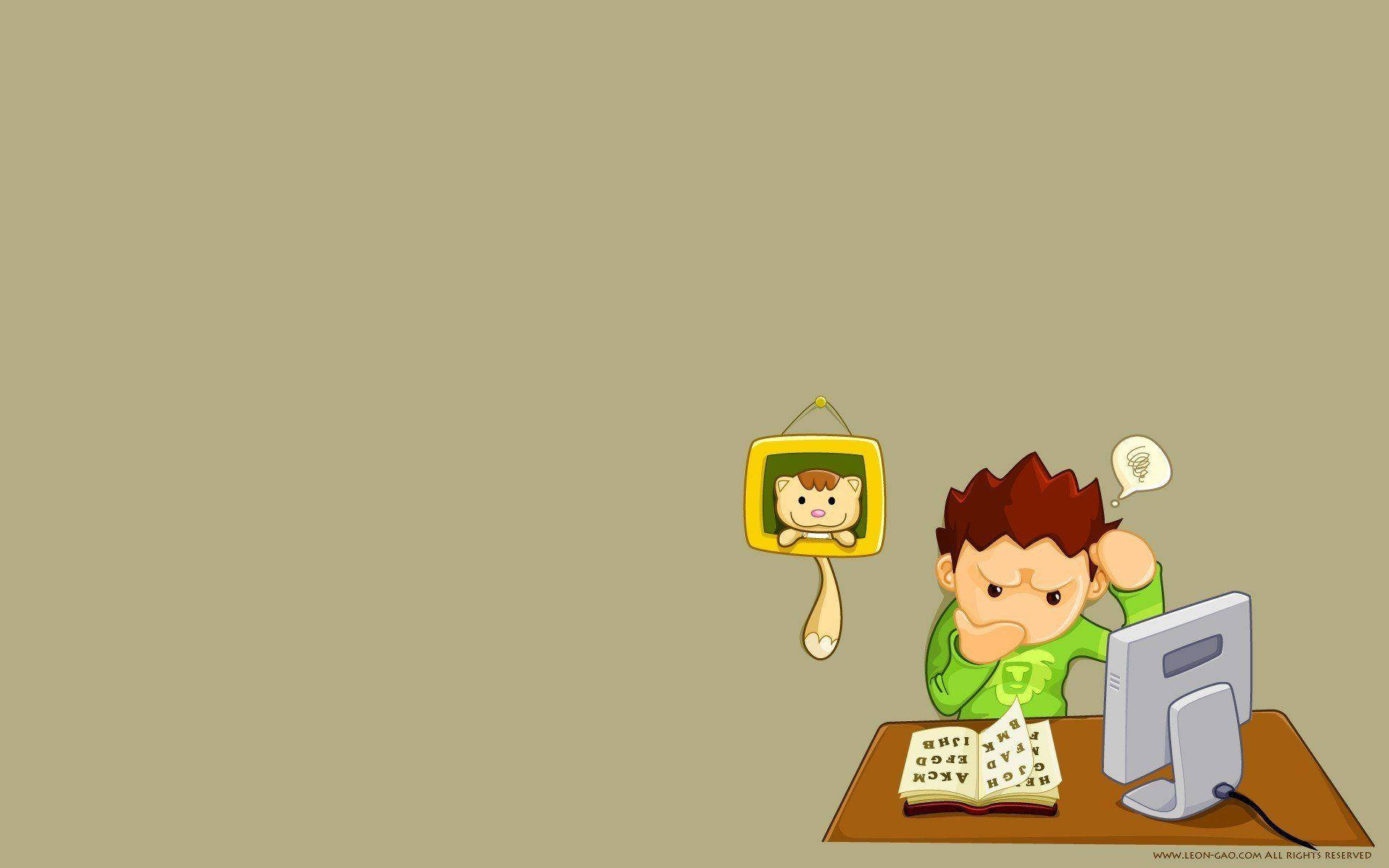 cartoon boy, green, computer, Full HD Desktop Wallpaper