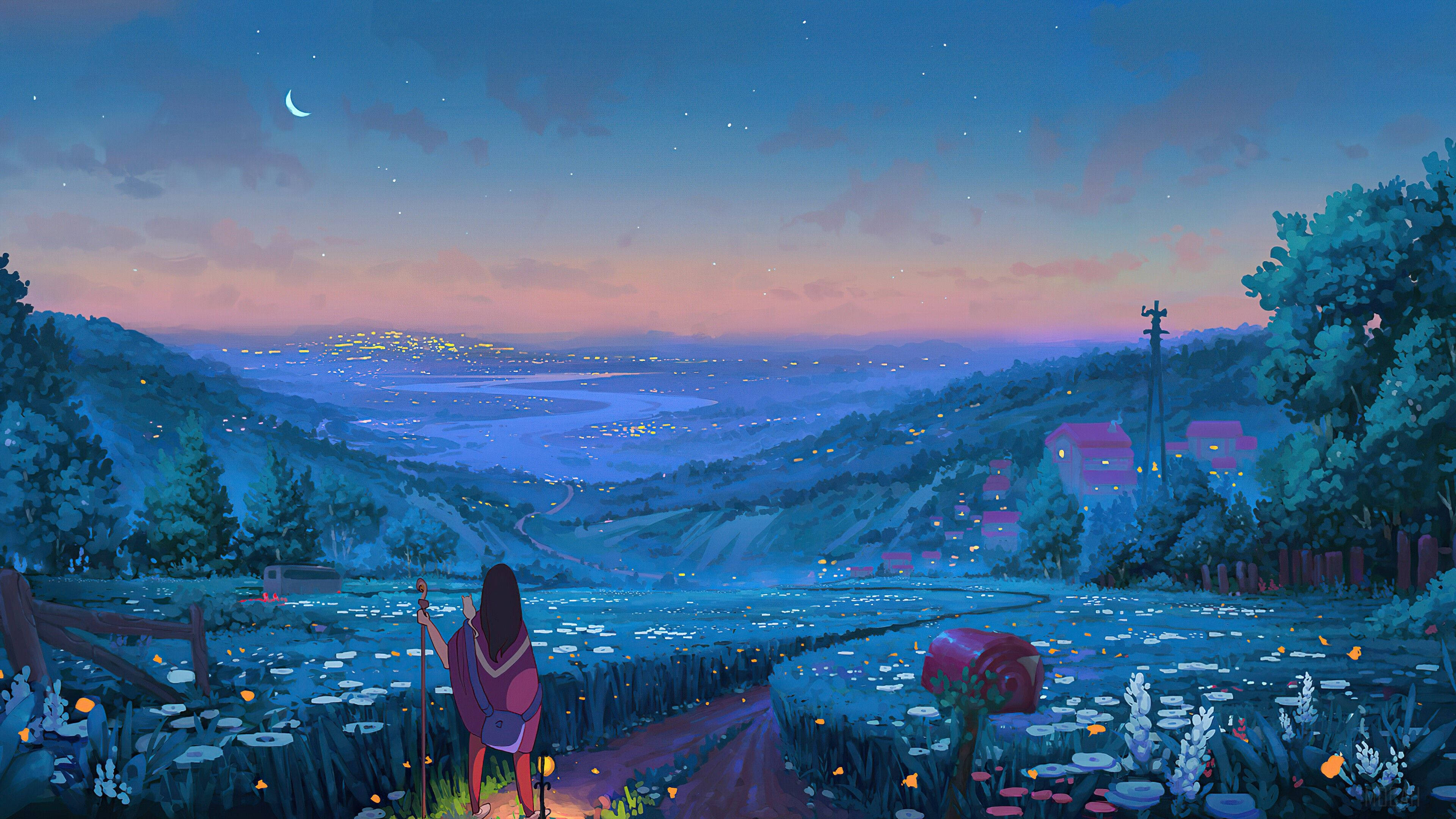 anime girl, grass, flower field, 4K Desktop Wallpaper