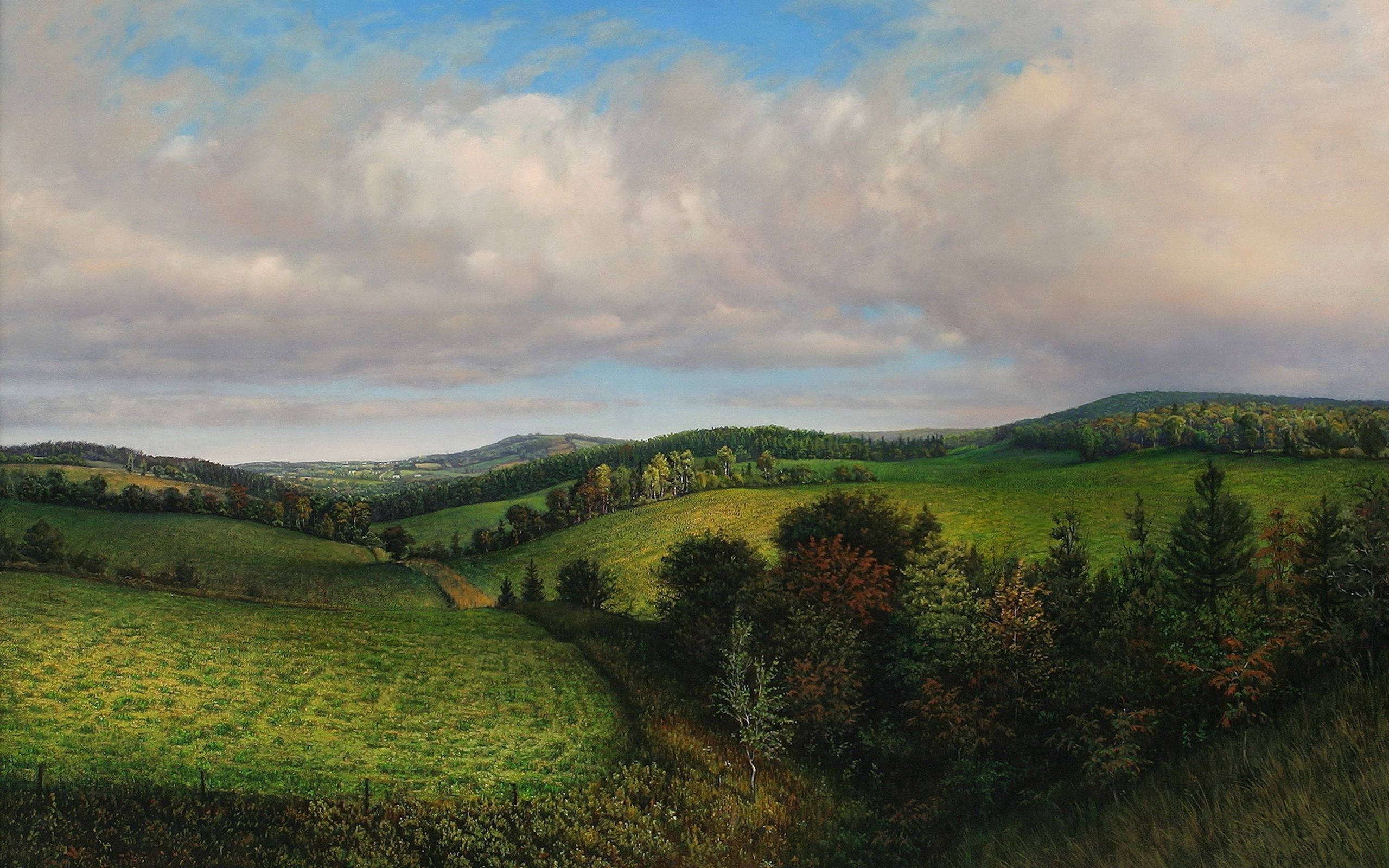 grass hill landscape painting, irrigation system, lush grass-hill landscape, 2K Desktop Wallpaper
