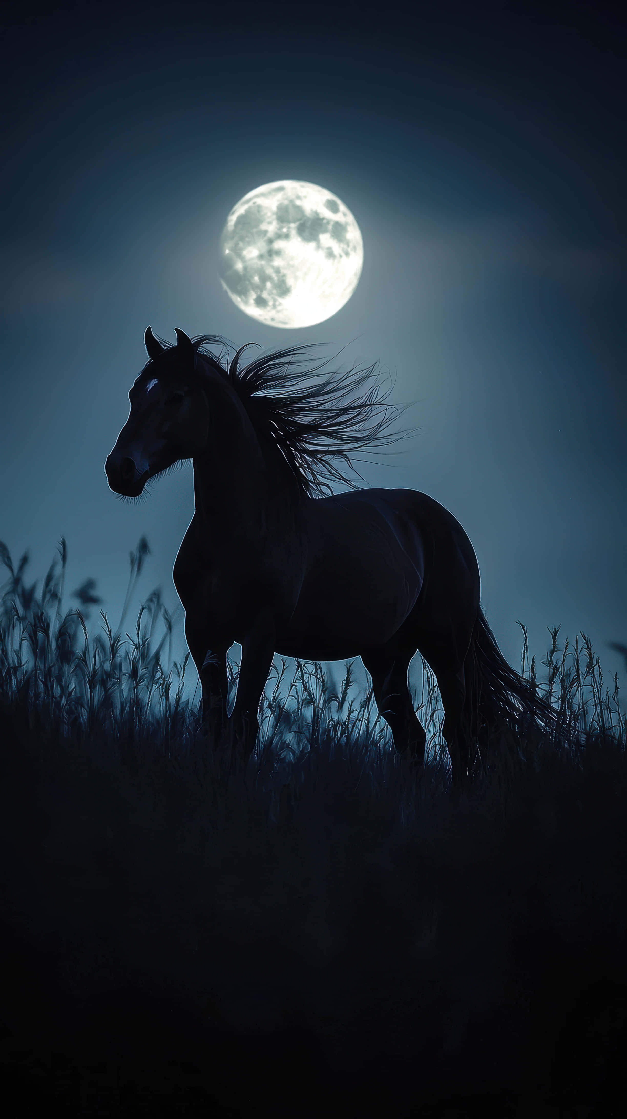 black horse, full moon, dark night sky, 4K Phone Wallpaper