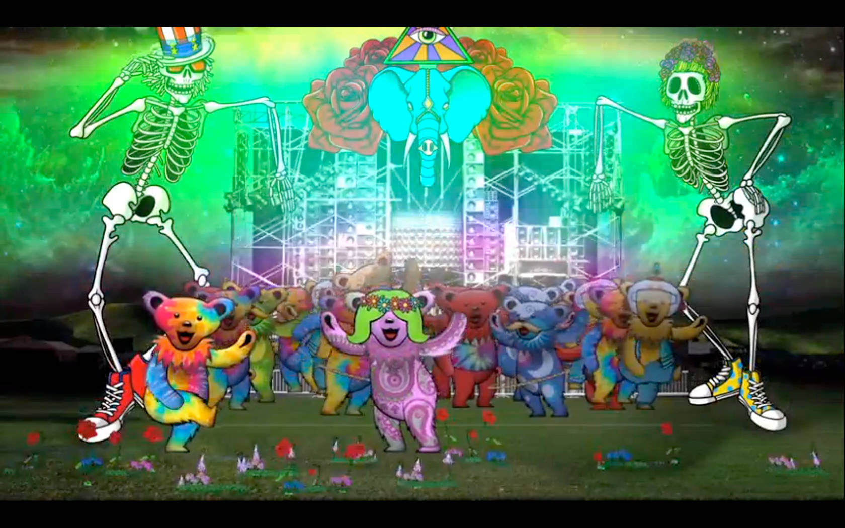 Grateful Dead, animated concert, colorful dancing bears, HD Desktop Wallpaper