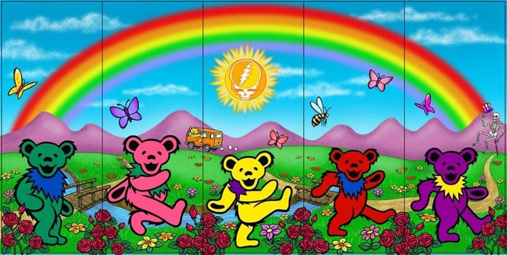 Grateful Dead Bears, colorful dancing bears, flower field, Full HD Desktop Wallpaper
