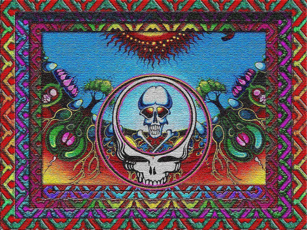 Grateful Dead, psychedelic tapestry, skull with glowing eyes, SD Desktop Wallpaper
