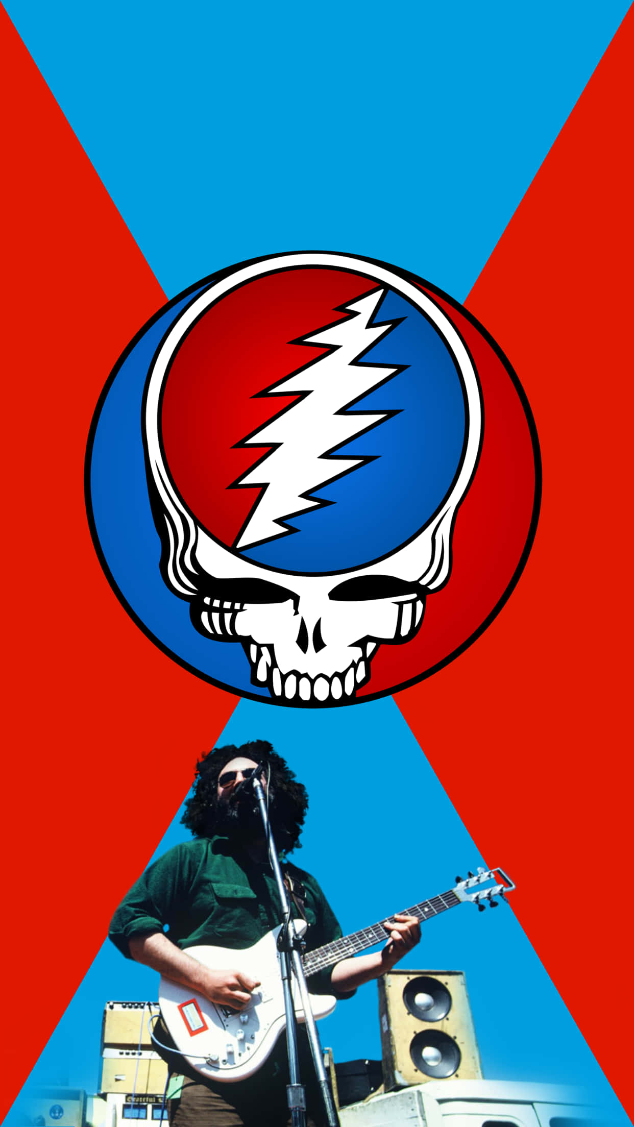 Grateful Dead, skull and lightning bolt logo, red and blue geometric background, Full HD Phone Wallpaper
