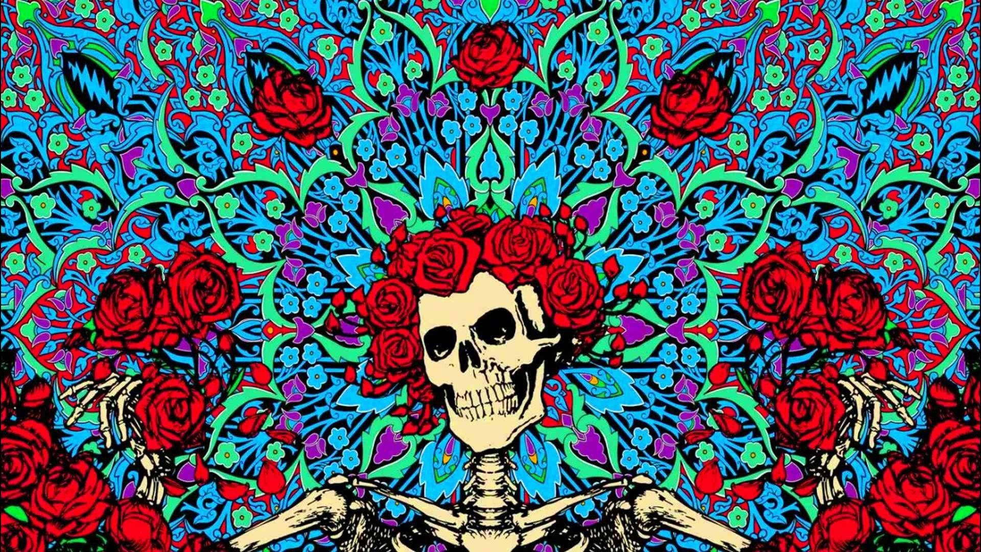 Grateful Dead, skeleton, roses, Full HD Desktop Wallpaper