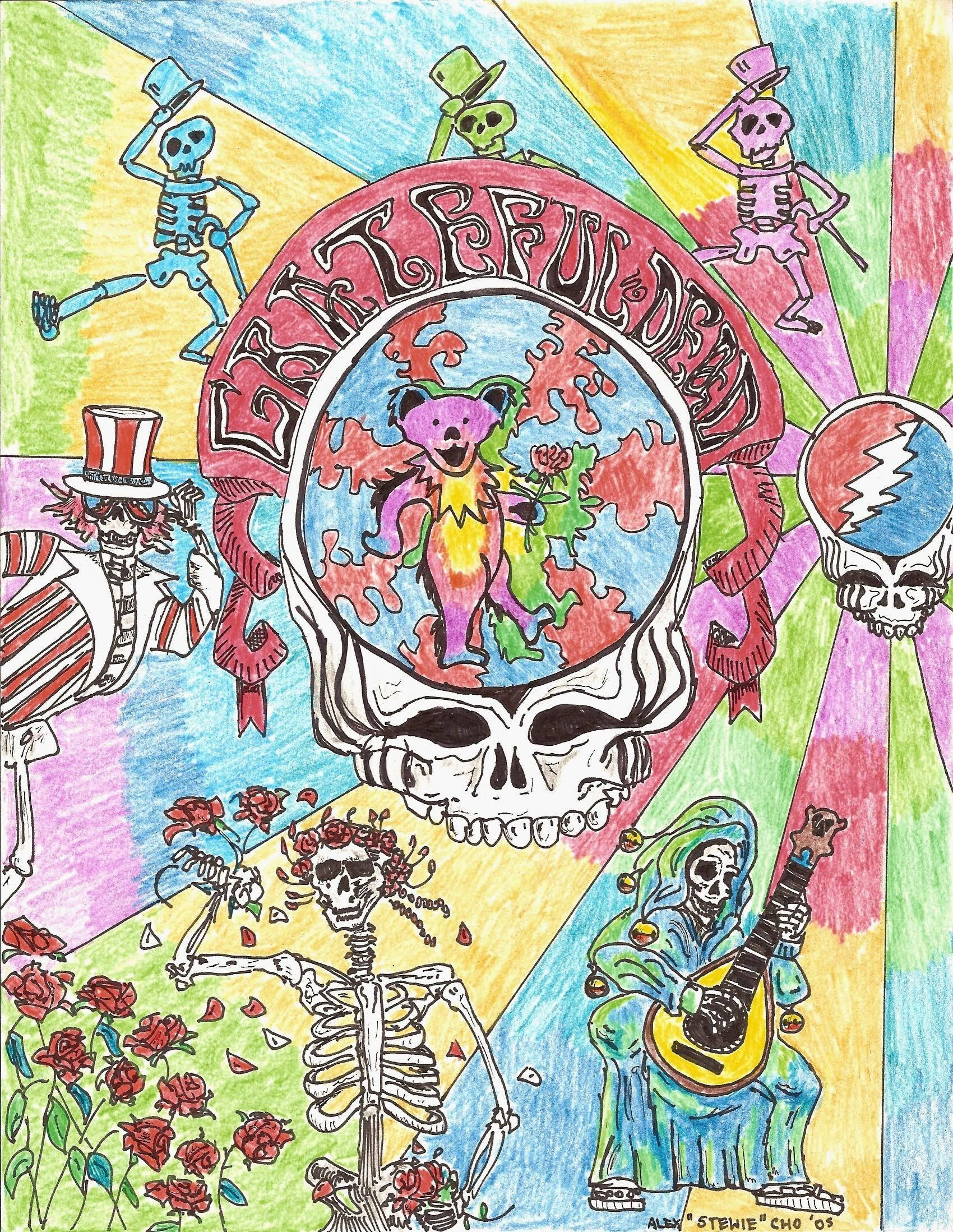 Grateful Dead, psychedelic hand-drawn poster, central skull, Full HD Phone Wallpaper