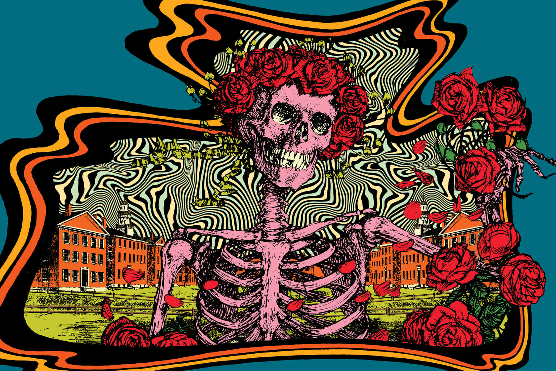 Grateful Dead, pink skeleton, red roses, HD Desktop Wallpaper