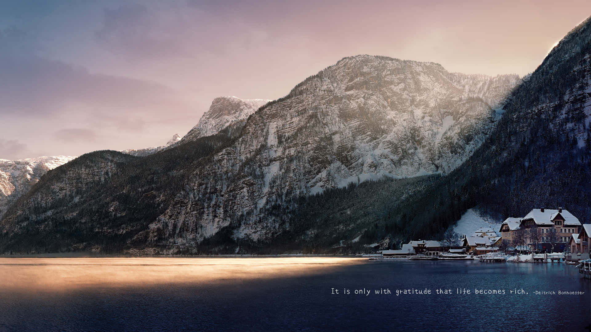 small mountain town, snowcapped mountains, tranquil lake, Full HD Desktop Wallpaper